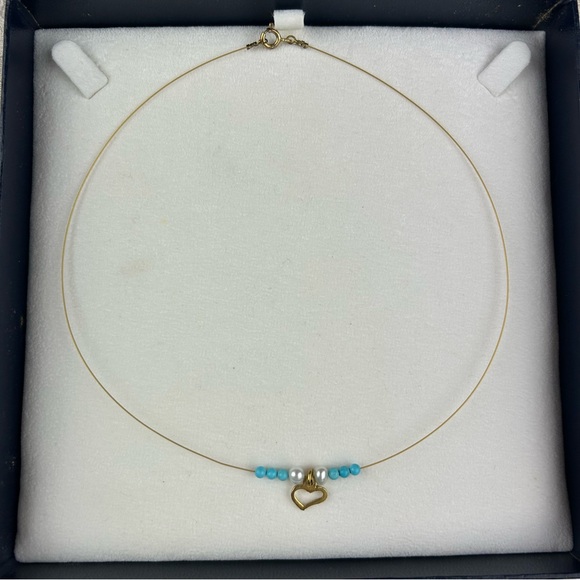 Boutique Jewelry - Gold Plated 925 Sterling Silver Heart Necklace w Genuine Turquoise Beads Pearls